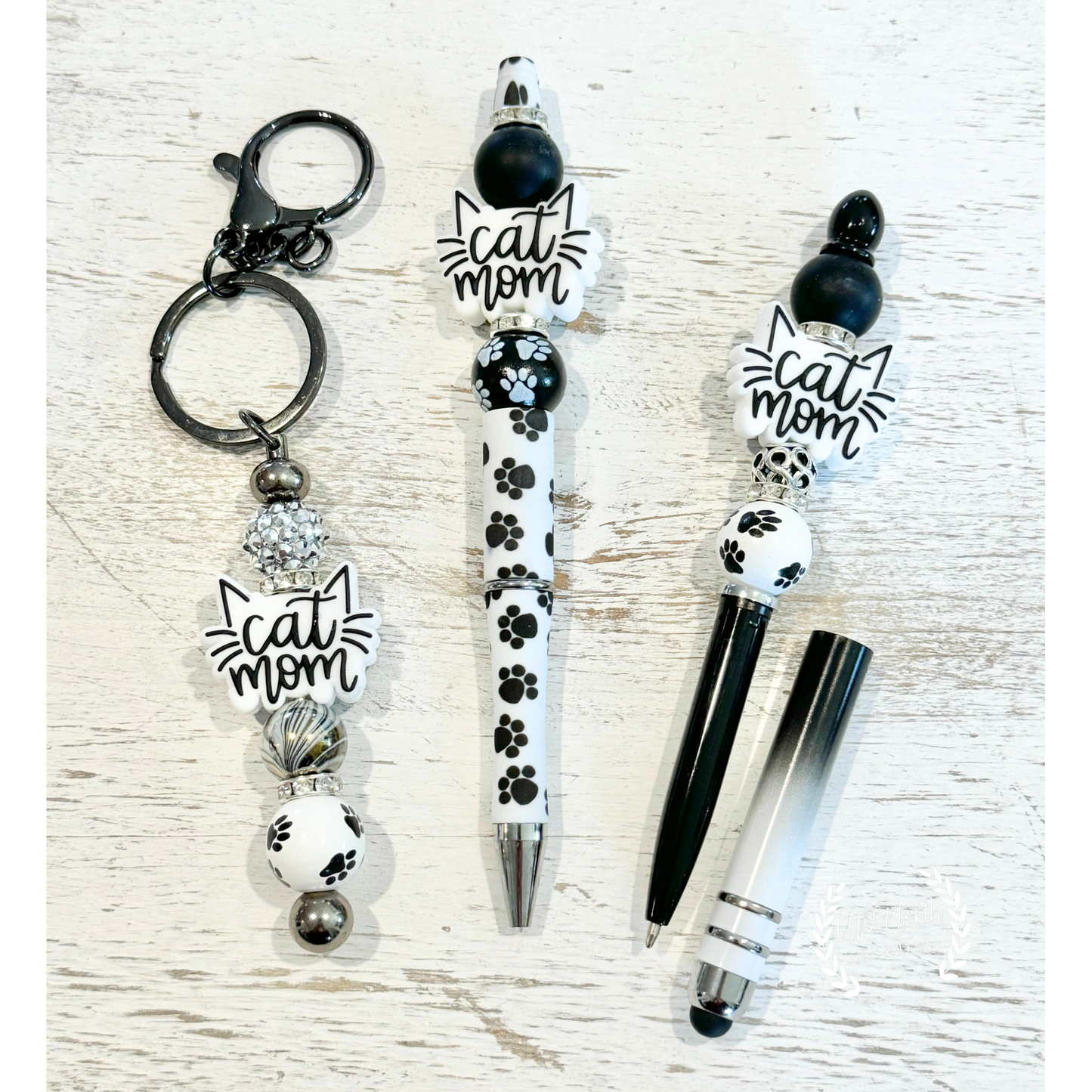 Cat Mom Themed Beaded Pen, Stylus and Keychain