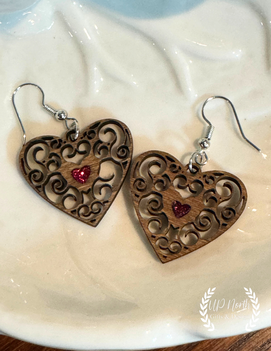 Intricate Wooden Heart Earrings, Valentines Day Earrings