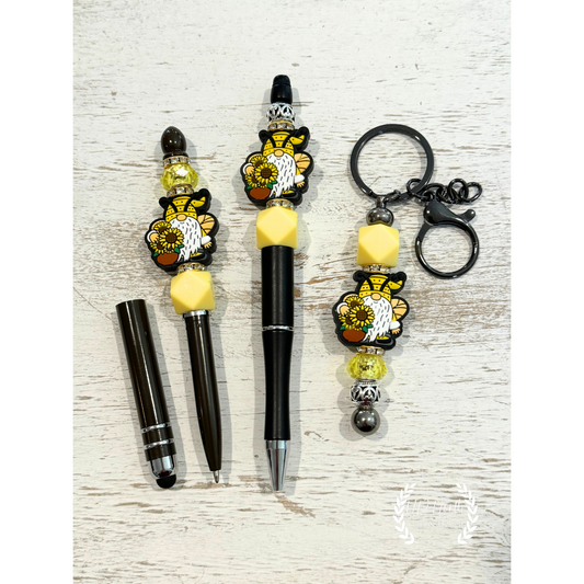 Sunflower Gnome Themed Keychain, Stylus, and Pen