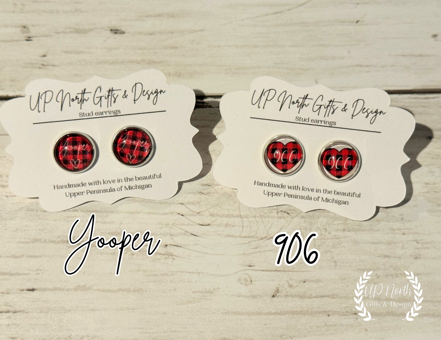 Yooper Themed Red & Black Plaid Stainless Steel Stud Earrings