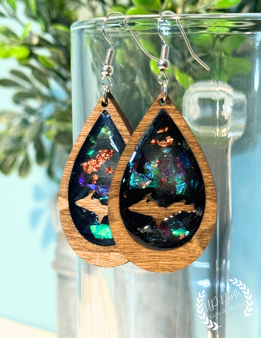 Mystic Copper UP Teardrop Earrings with Wooden Accents and Stainless Steel Hardware