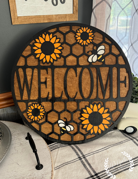 Sunflower and Bee With Honeycomb Welcome Hanging Sign