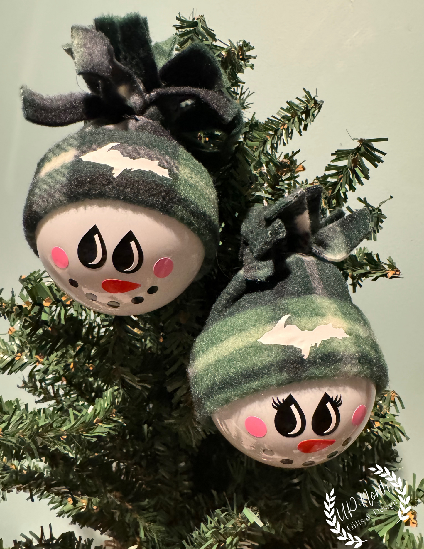 Green/Black Plaid Fleece Hat UP Snowman Ornaments