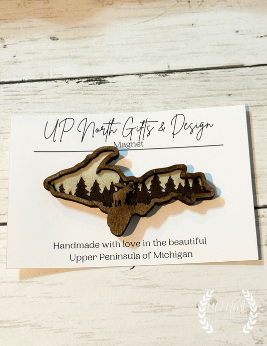 Wooden U.P. Shaped Bear, Moose and Deer Magnets