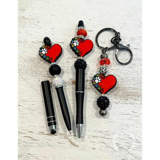 Low Pawprint heart Keychain, Stylus Pen and Twist-Style Pen