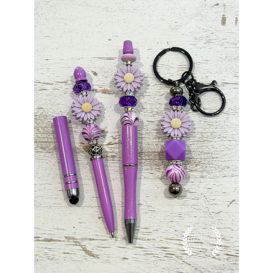 Purple Sunflower Themed Gift Set with Stylus Pen, Twist-Style Pen and Keychain