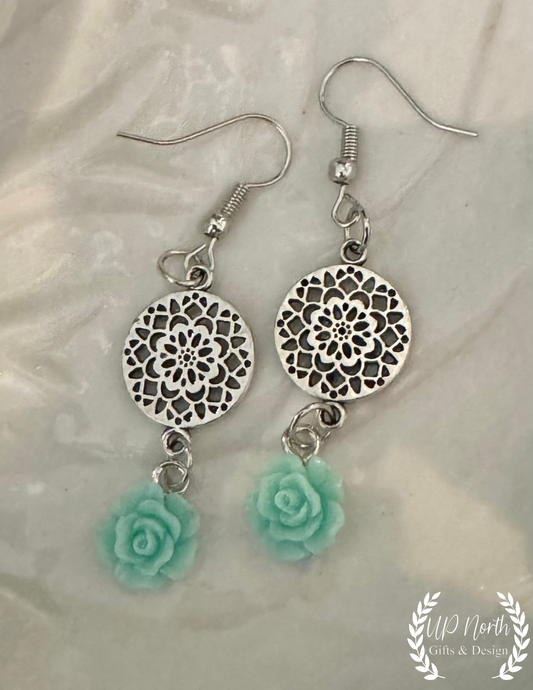 Stainless Steel Rose Floral Mandala Dangle Earring Sets