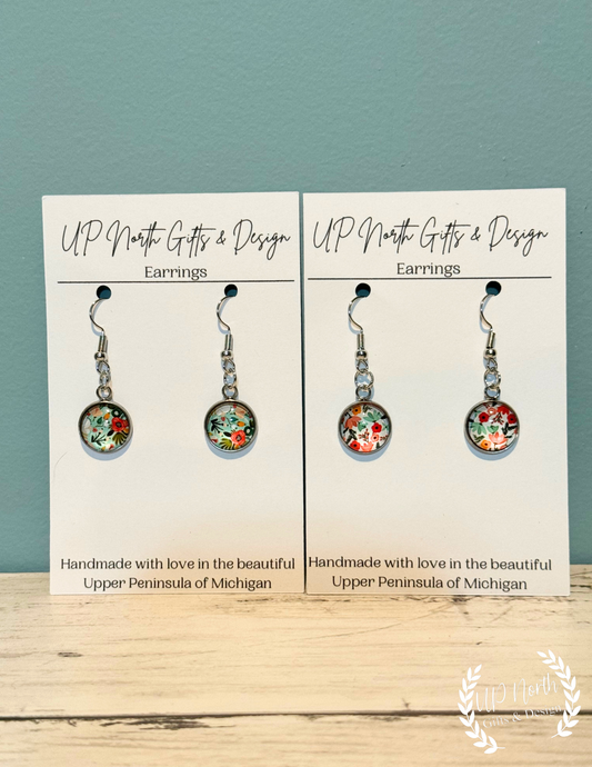 Teal and Red Floral Stainless Steel Dangle Earrings