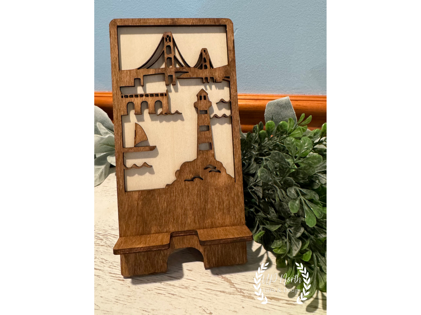 Mackinaw Bridge U.P. Themed Wooden Phone Stand