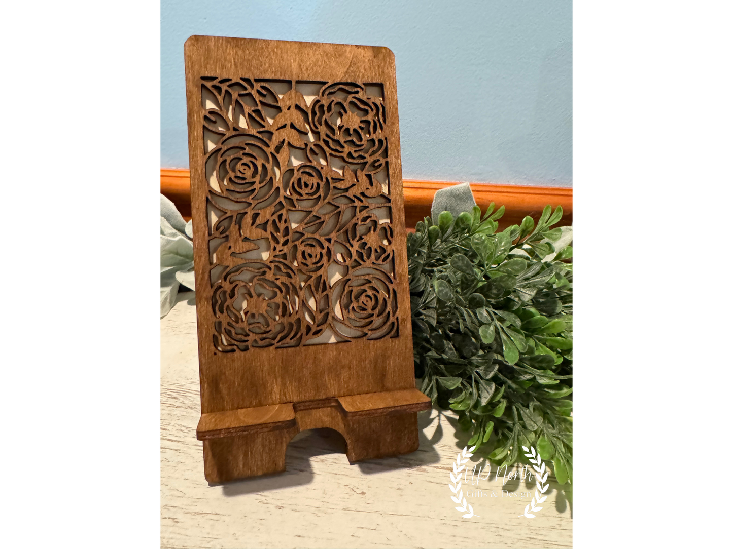 Rose Pattern Wooden Phone Stand With Charging Spot