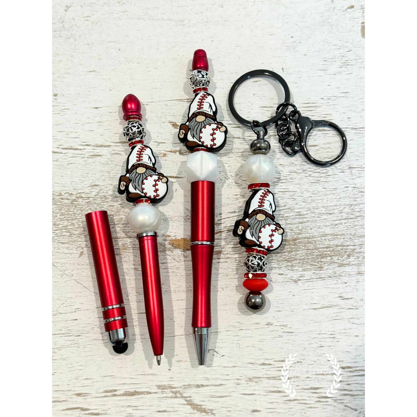 Baseball Gnome Themed Keychain, Stylus and Stylus Pen Set