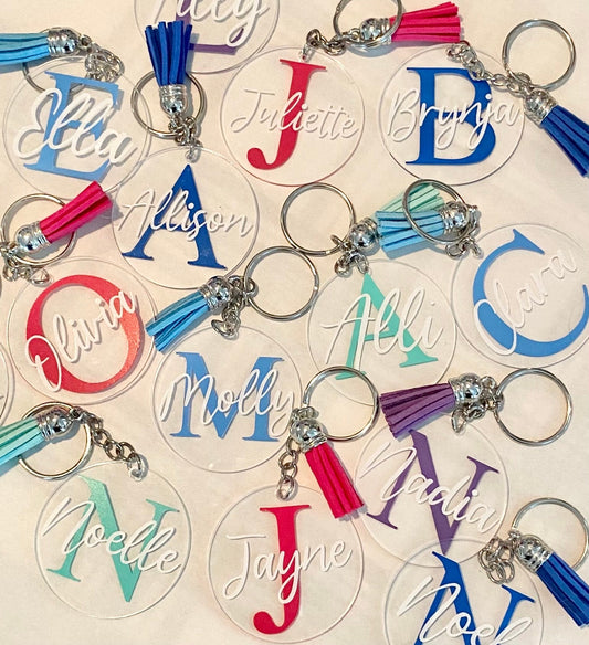 Monogrammed Name Keychains with Tassel, Backpack Tags, Gift Name Tags, Lunchbox Name Tags