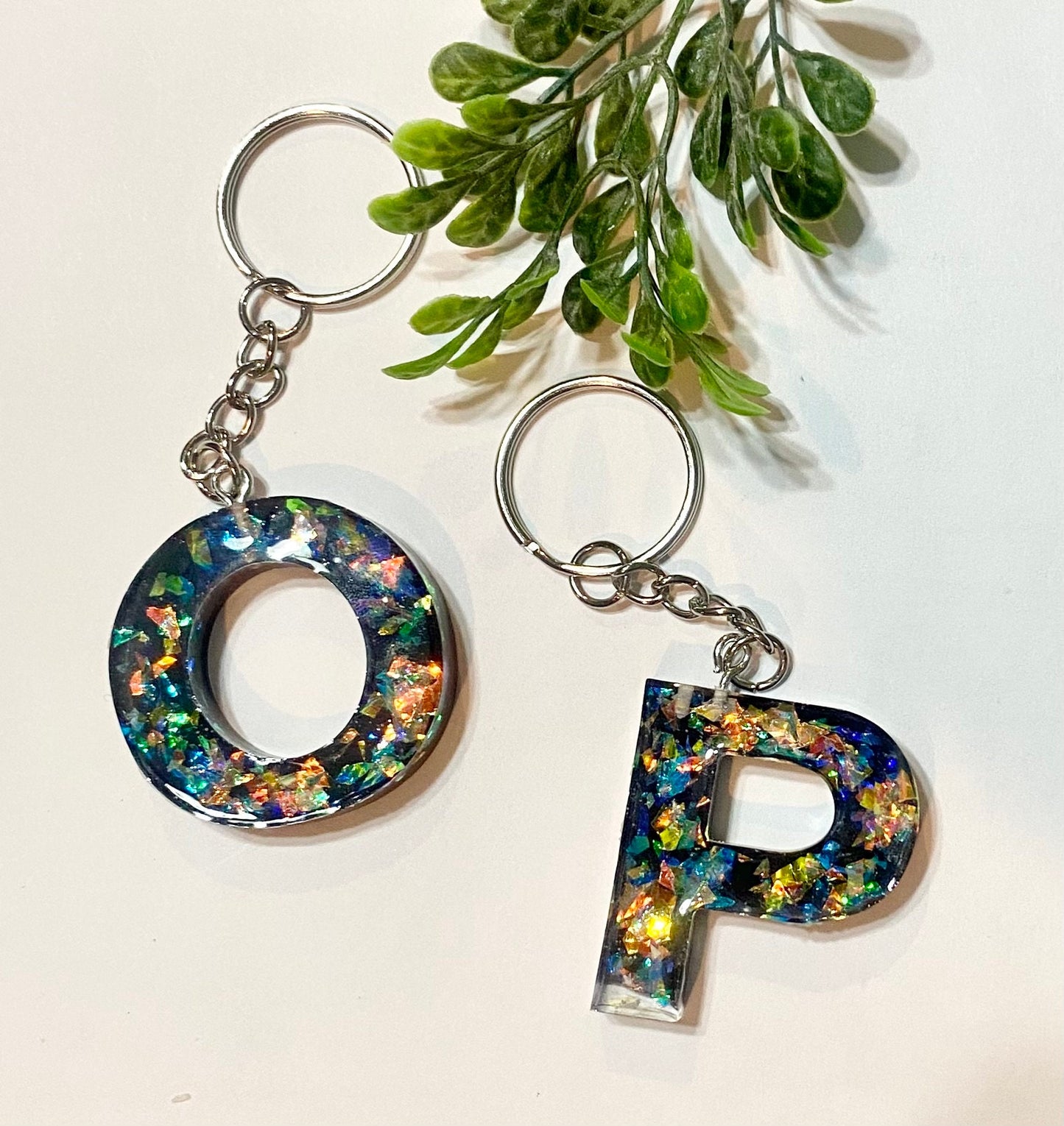 Custom Resin Letter Keychain with Abalone Shells & Stone, Personalized Keychain, Gold Leaf Keychain, Unique Keyring