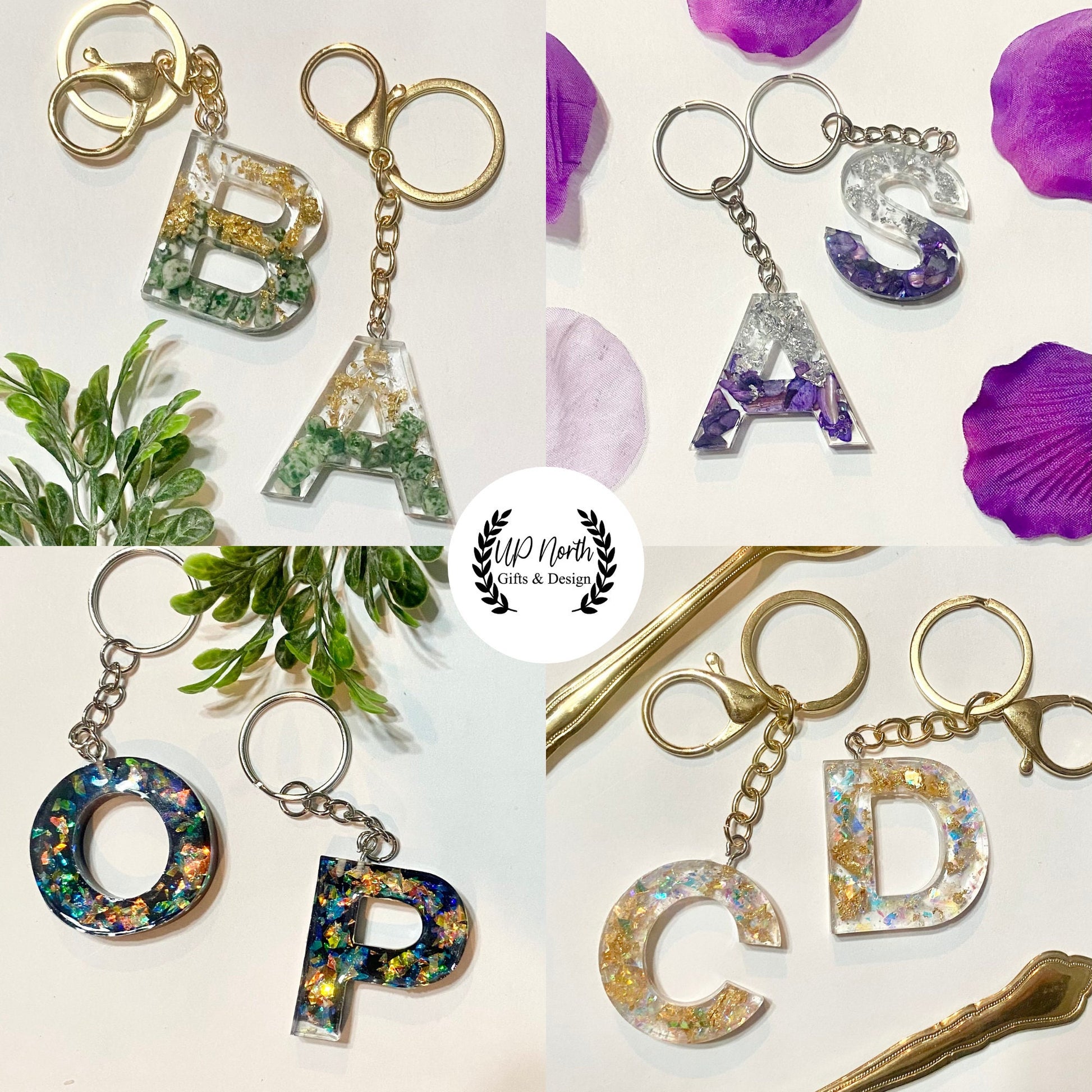 Custom Resin Letter Keychain with Abalone Shells & Stone, Personalized Keychain, Gold Leaf Keychain, Unique Keyring