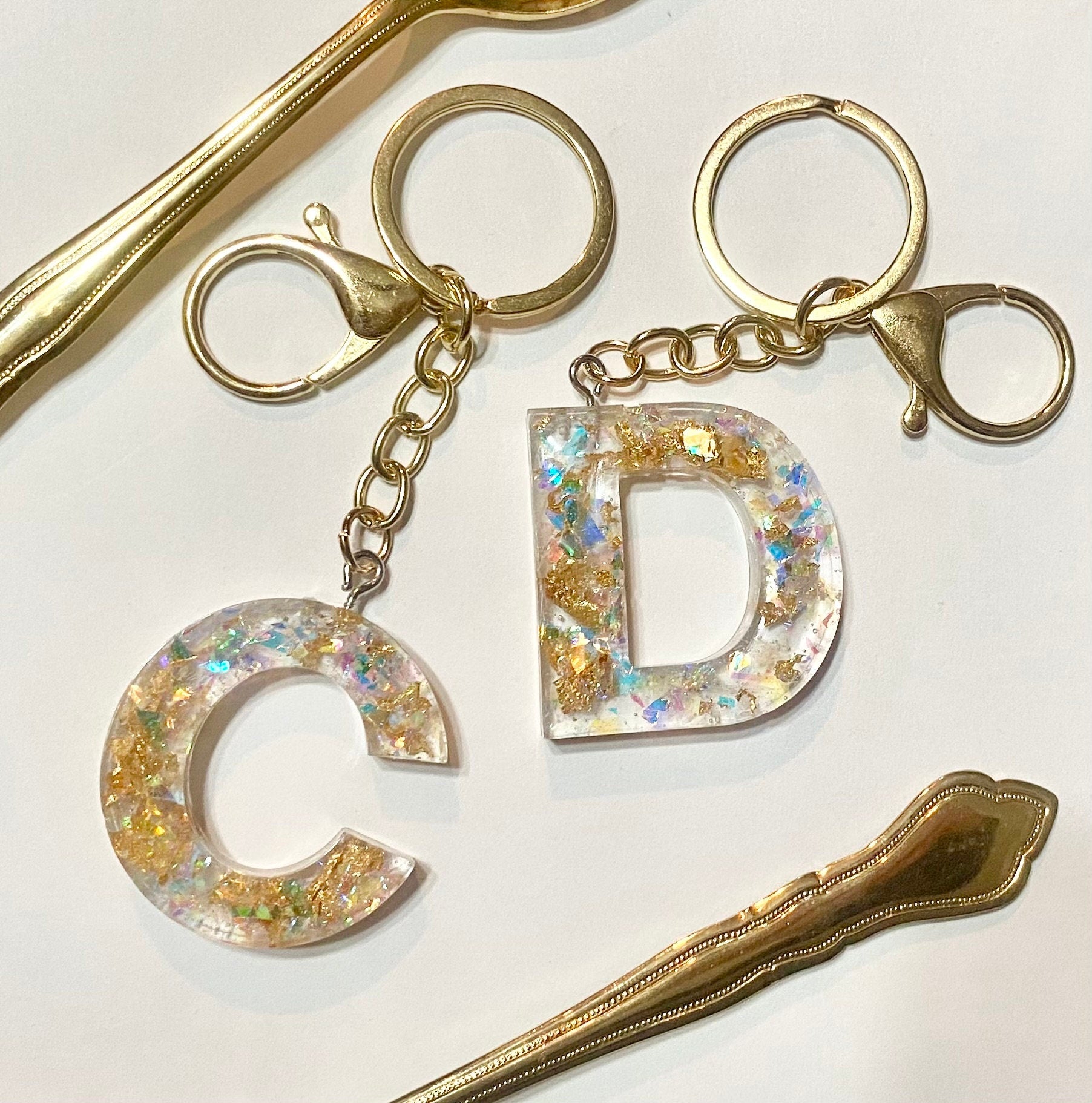 Custom Resin Letter Keychain with Abalone Shells & Stone, Personalized Keychain, Gold Leaf Keychain, Unique Keyring