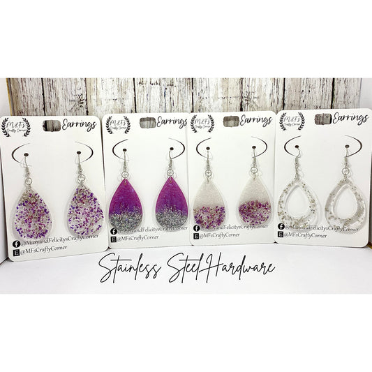 Handmade Glitter Resin Teardrop Pendant Earrings, Silver Plated Hardware, Unique Gift, Sparkly Jewelry, Gift For Her, Birthday Gift