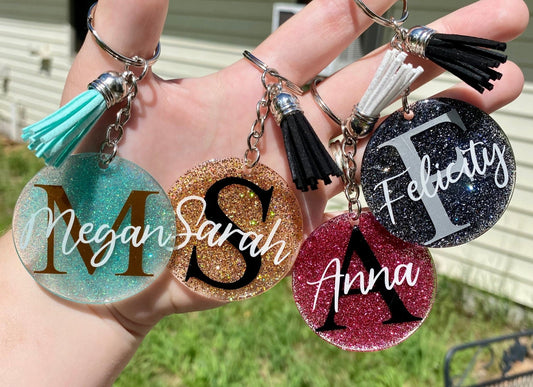 Custom Resin Glitter Monogram Name Keychain With Tassel, Backpack Tag, Name Tag, Lanyard Tag, Personalized,Customizable,Gift,Bridesmaid Gift