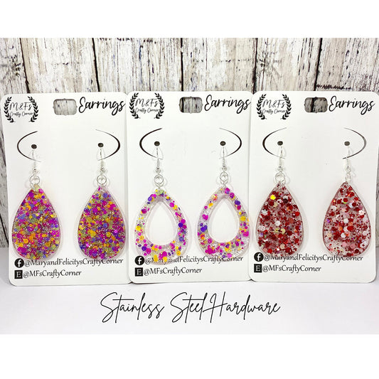 Handmade Glitter Resin Teardrop Pendant Earrings, Silver Plated Hardware, Unique Gift, Sparkly Jewelry, Gift For Her, Birthday Gift