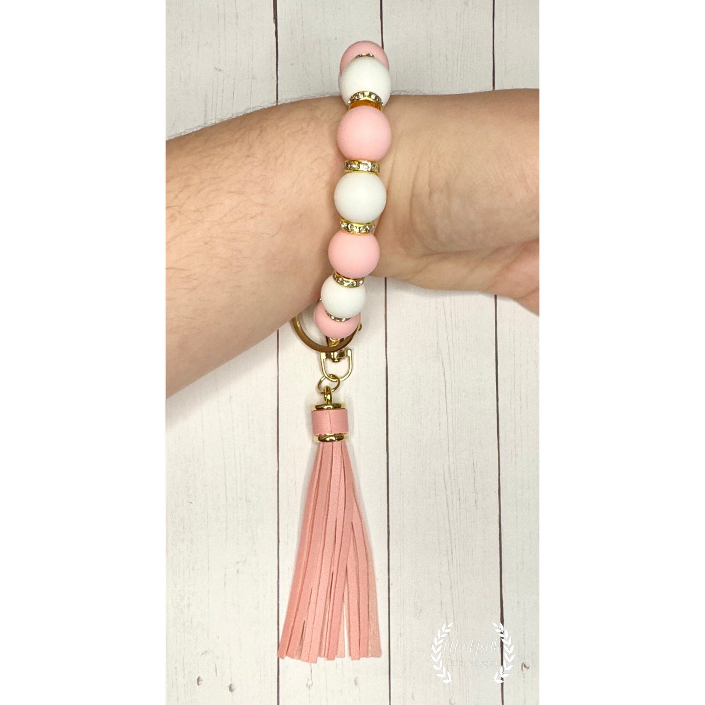 Pink and Gold Silicone Bead Stretchy Sparkly Wristlet with Tassel Stretchy Pretty School Colors Team Colors