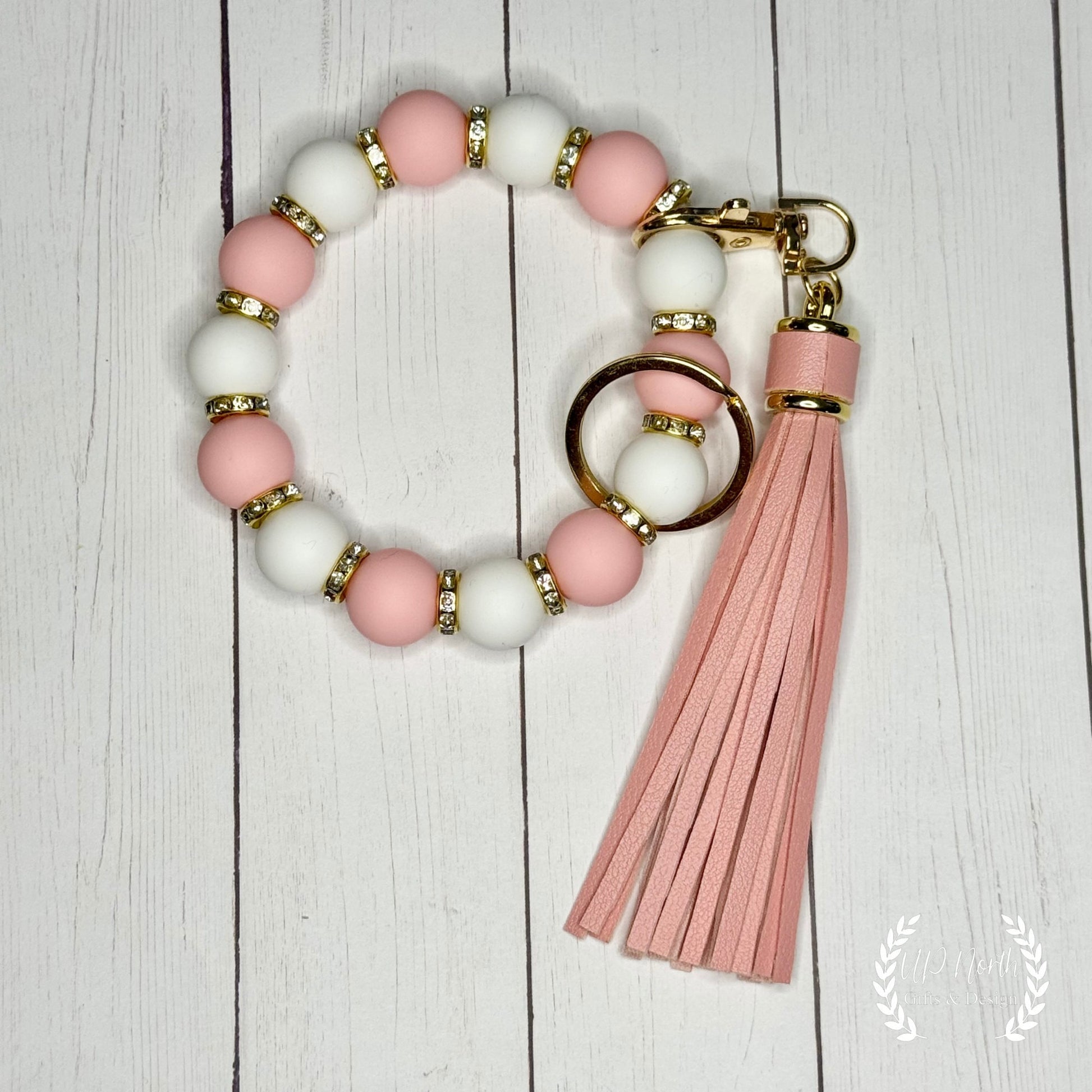 Pink and Gold Silicone Bead Stretchy Sparkly Wristlet with Tassel Stretchy Pretty School Colors Team Colors