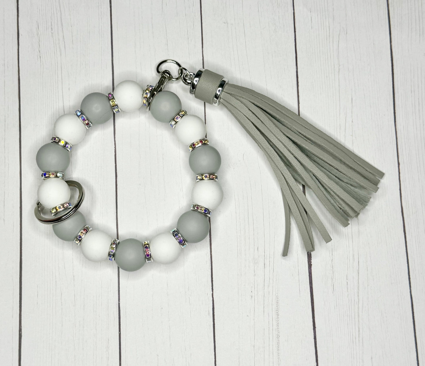 Grey and White Silicone Bead Stretchy Sparkly Wristlet with Tassel Stretchy Pretty School Colors Team Colors