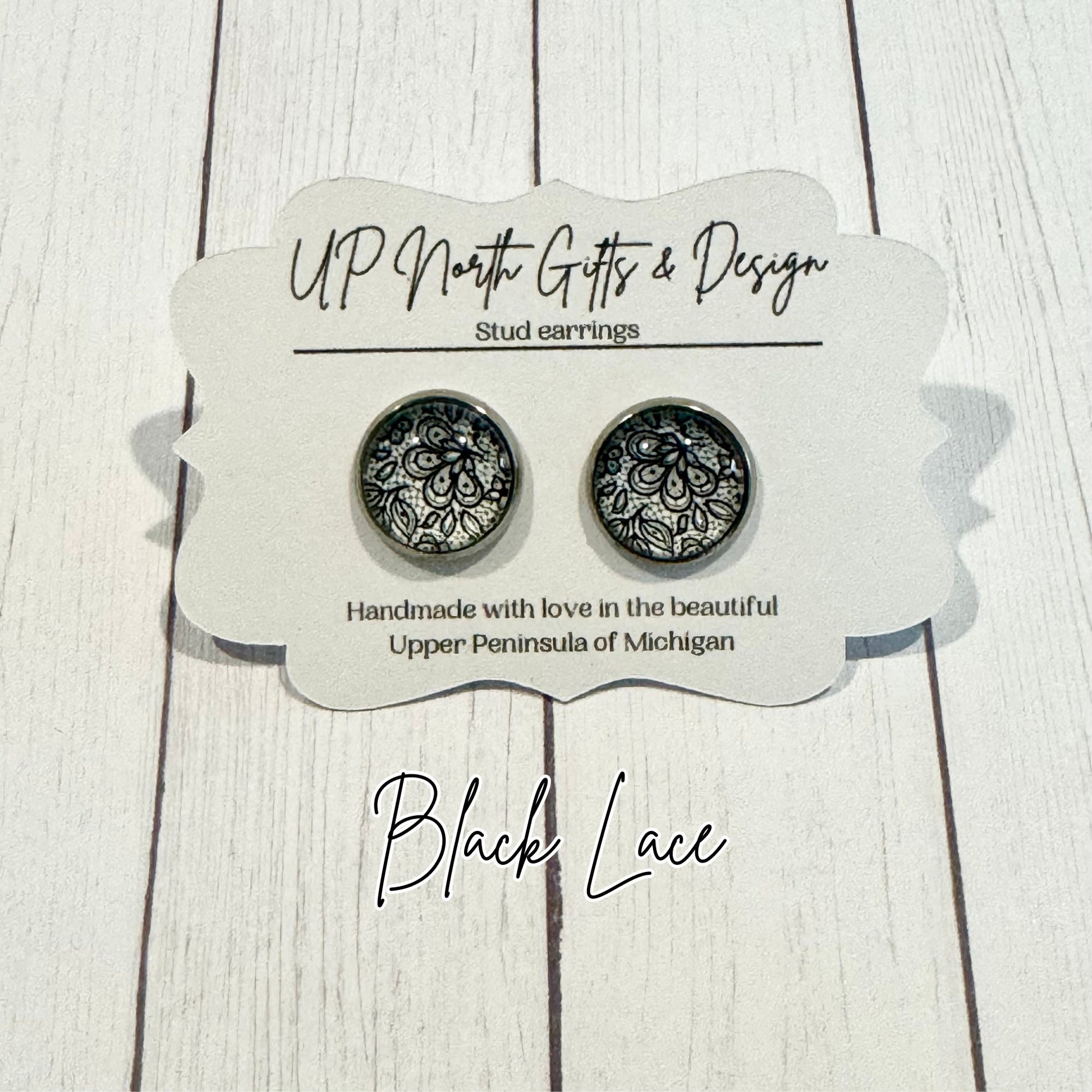 Black and White Floral Lace Pattern Stud Earrings Black Stud Earrings Fancy Earrings Elegant Earrings