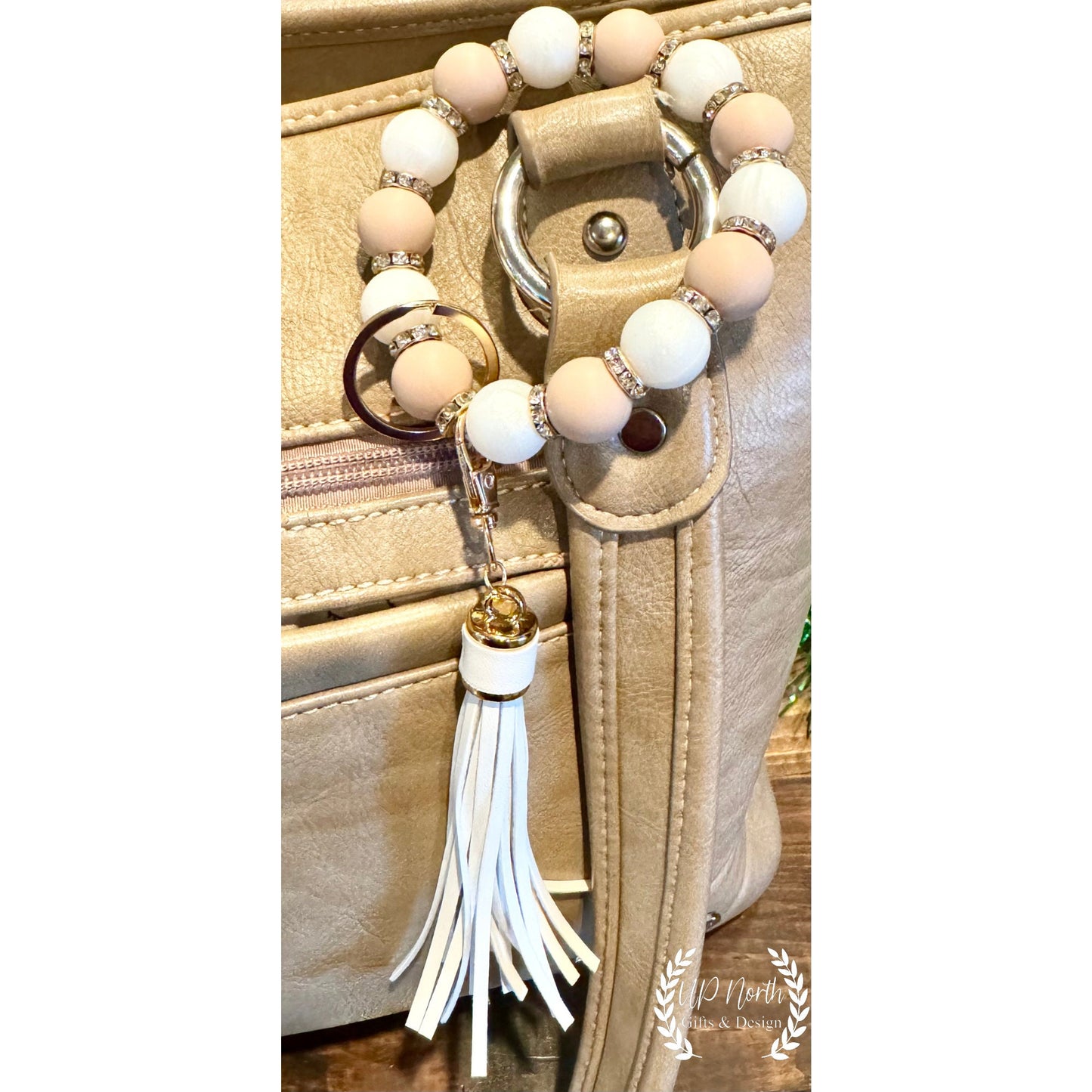 Cream Color Neutral Silicone Bead Stretchy Sparkly Wristlet with Tassel Stretchy Pretty School Colors Team Colors Cream Color