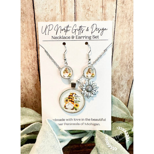 Sunflower and Gnome Necklace and Earring Set with Charm Made with Hypoallergenic Stainless Steel Hardware Gnome Earrings Gnome Necklace