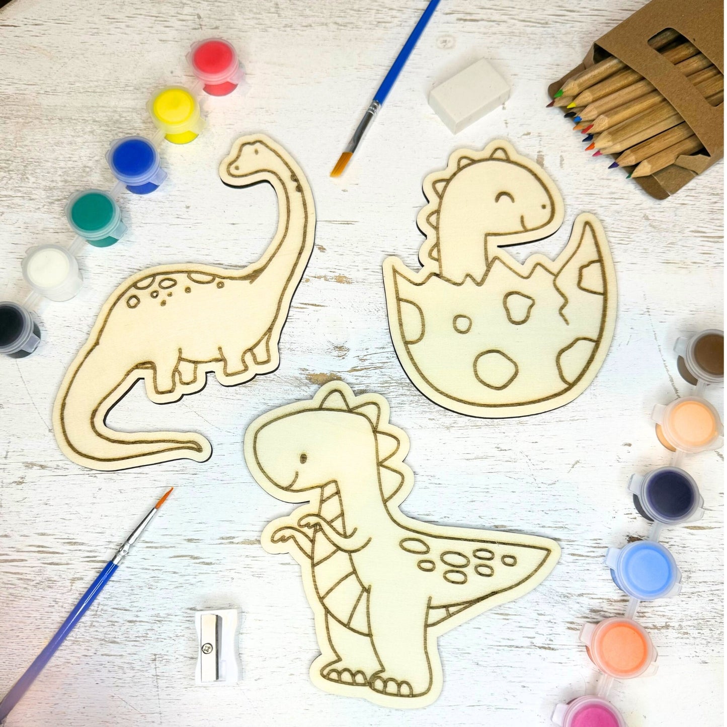 Boys DIY Wood Dinosaur Coloring Kit, Dino Paint Set, Teacher Coloring Set, Boy Gift Washable Paint, Dinosaur Coloring Kit, Dino DIYs