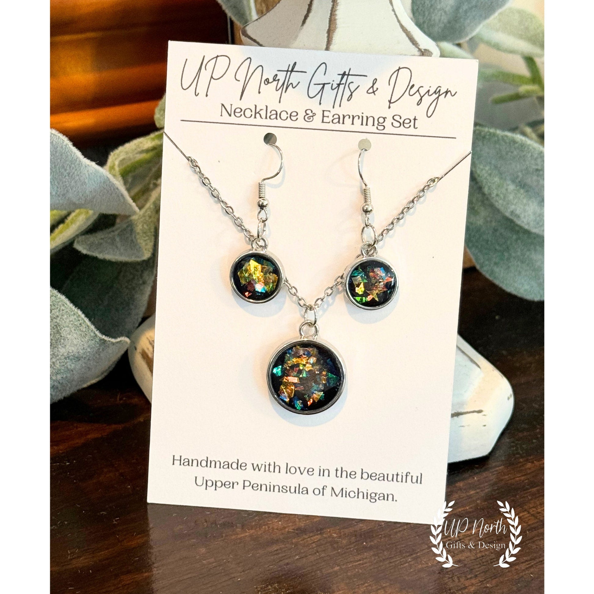 Black resin Glitter Necklace and Earring Jewelry Set, Black Necklace, Black Jewelry Set, Black Jewelry, Gift for Her, Party Jewelr