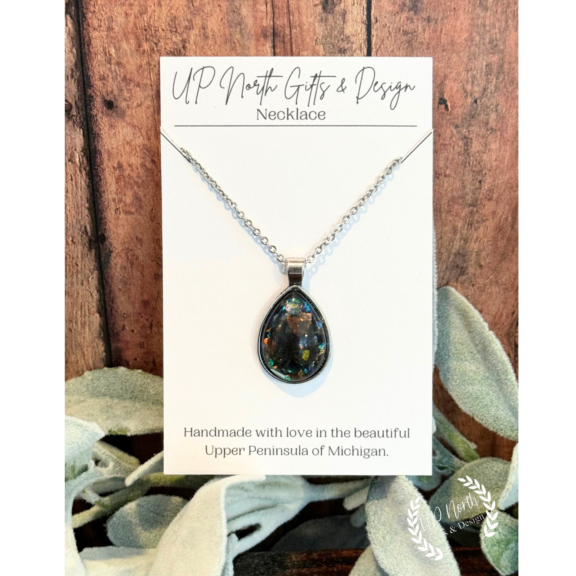 Teardrop Faux Black Opal Resin Necklace and Earring Set, Black Jewelry, Black Necklace, Gift for her, Mothers Day Gift