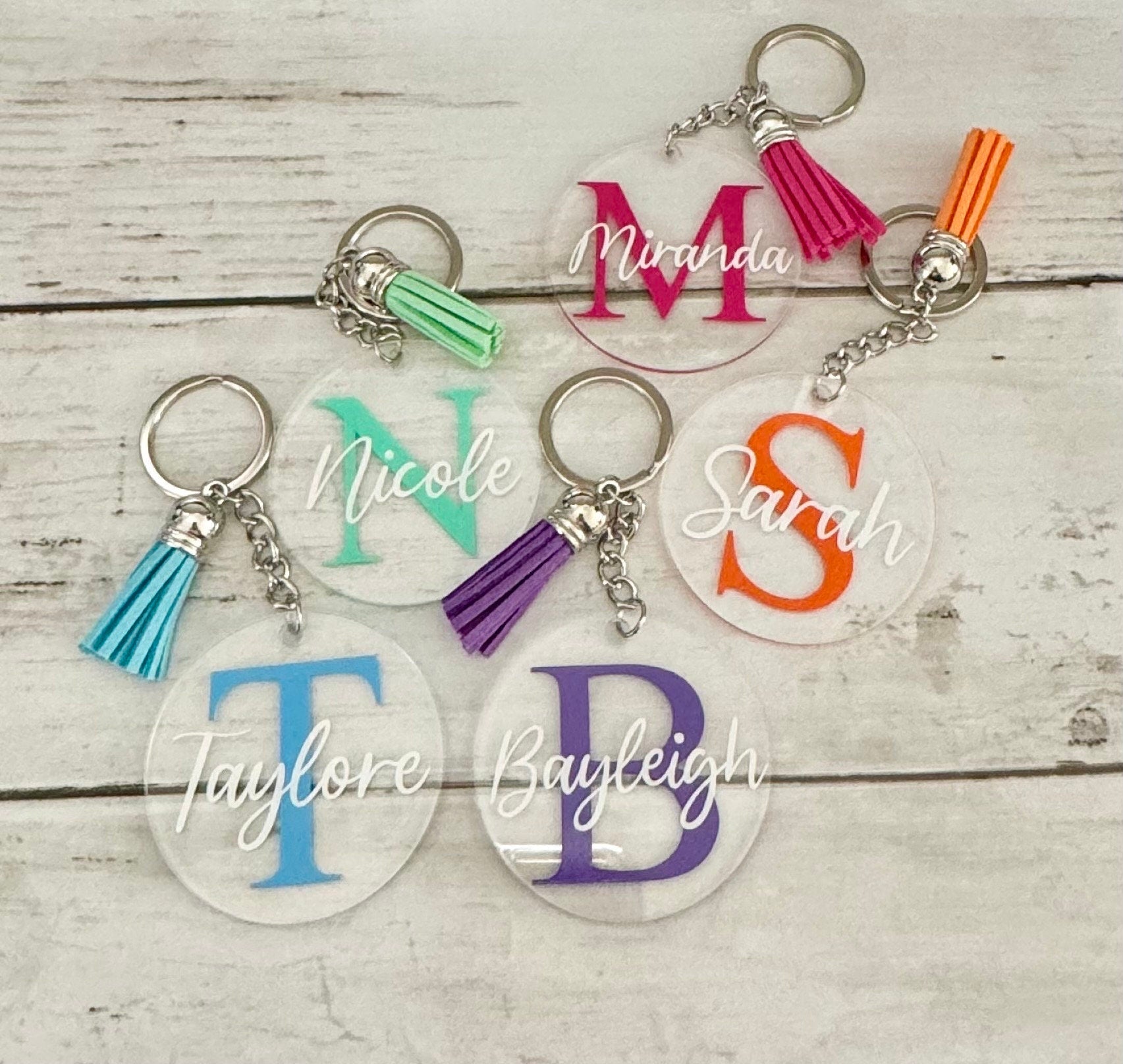 Monogrammed Name Keychains with Tassel, Backpack Tags, Gift Name Tags, Lunchbox Name Tags