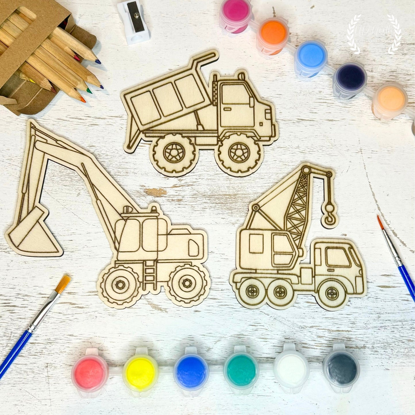 Boys DIY Wood Construction Vehicle Coloring Kit, Excavator & Dump Truck Paint Set, Teacher Coloring Set, Boy Gift Washable Paint