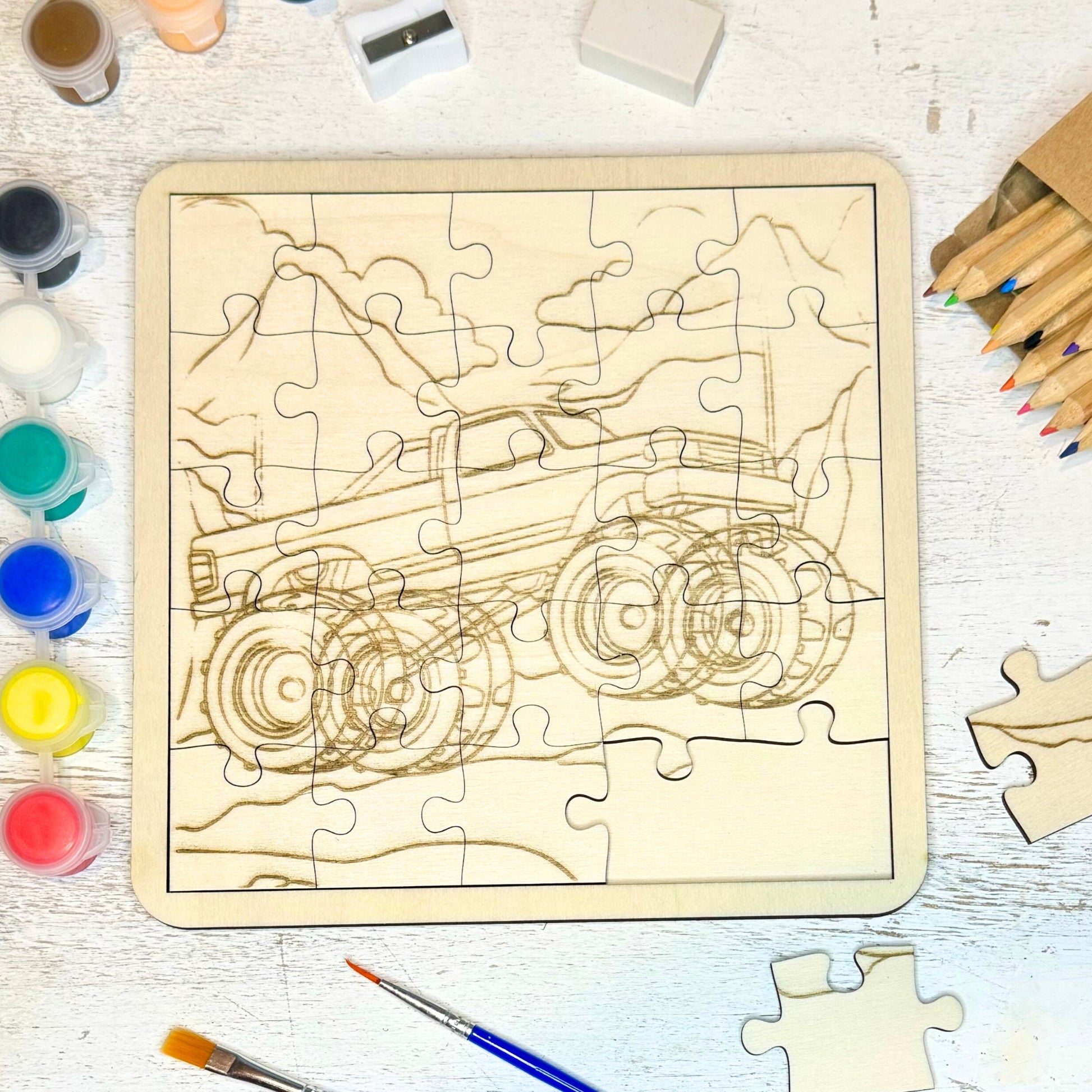 Boys DIY monster truck wood puzzle that has been laser engraved and can be painted or colored with colored pencils that are provided.