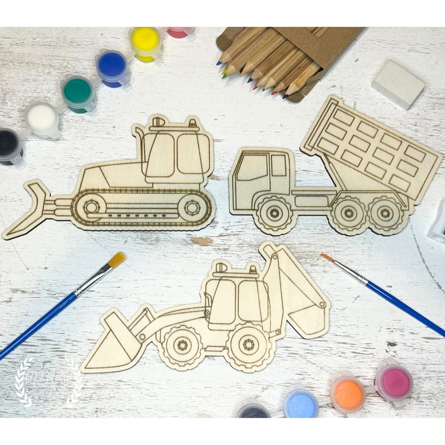 Boys DIY Wood Construction Vehicle Coloring Kit, Backhoe & Dump Truck Paint Set, Teacher Coloring Set, Boy Gift Washable Paint