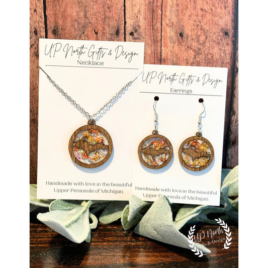 Upper Michigan Yooper Wood and Resin Necklace and Earring set with copper and gold flakes, jewelry sets, wood jewelry, resin jewelry.