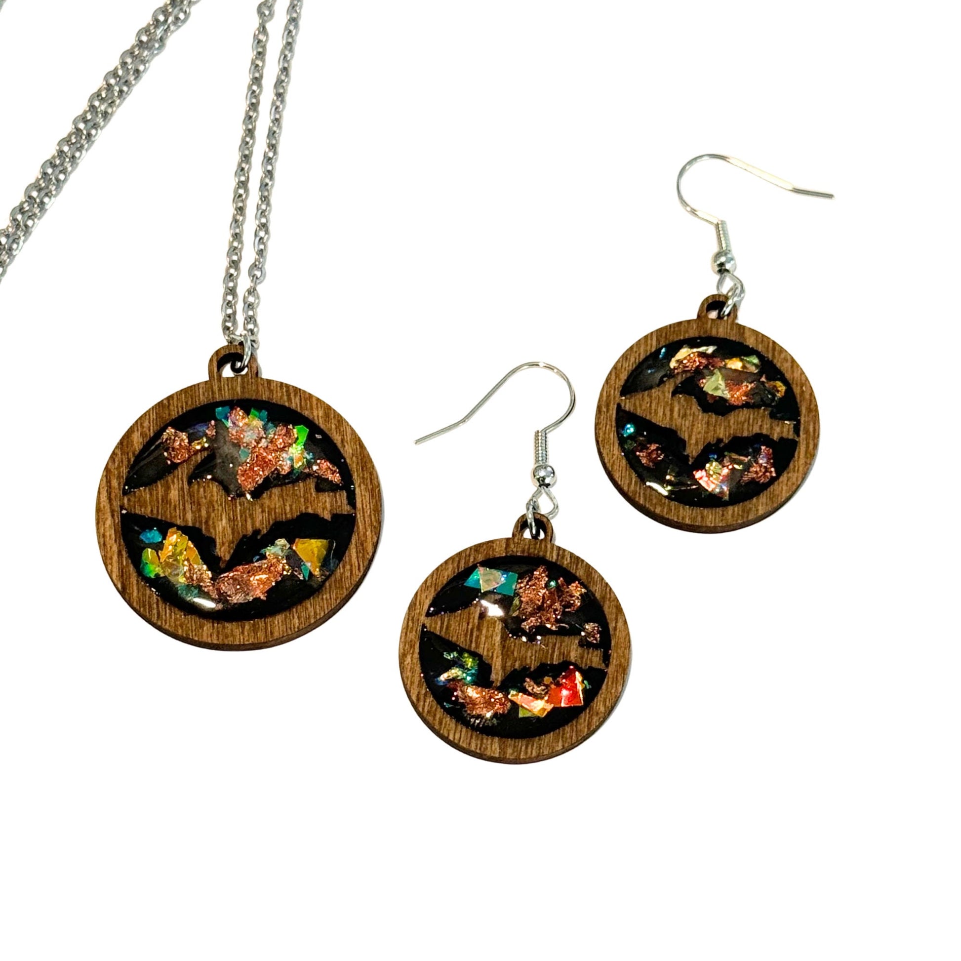 Upper Michigan Yooper Wood and Resin Necklace and Earring set with copper and gold flakes, jewelry sets, wood jewelry, resin jewelry.