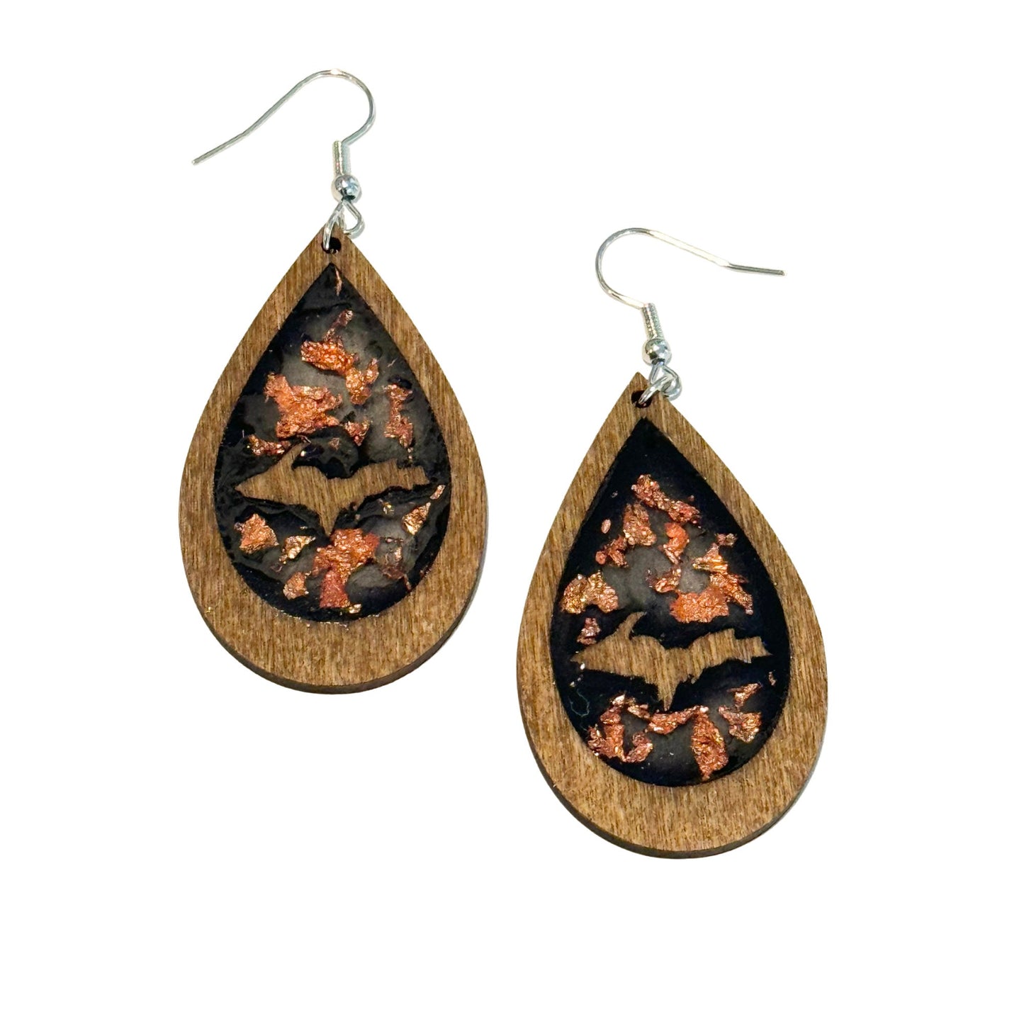 Upper Peninsula Copper Flake and Wood Teardrop Earring with Wood U.P Cutout on Stainless Steel Earring Hooks