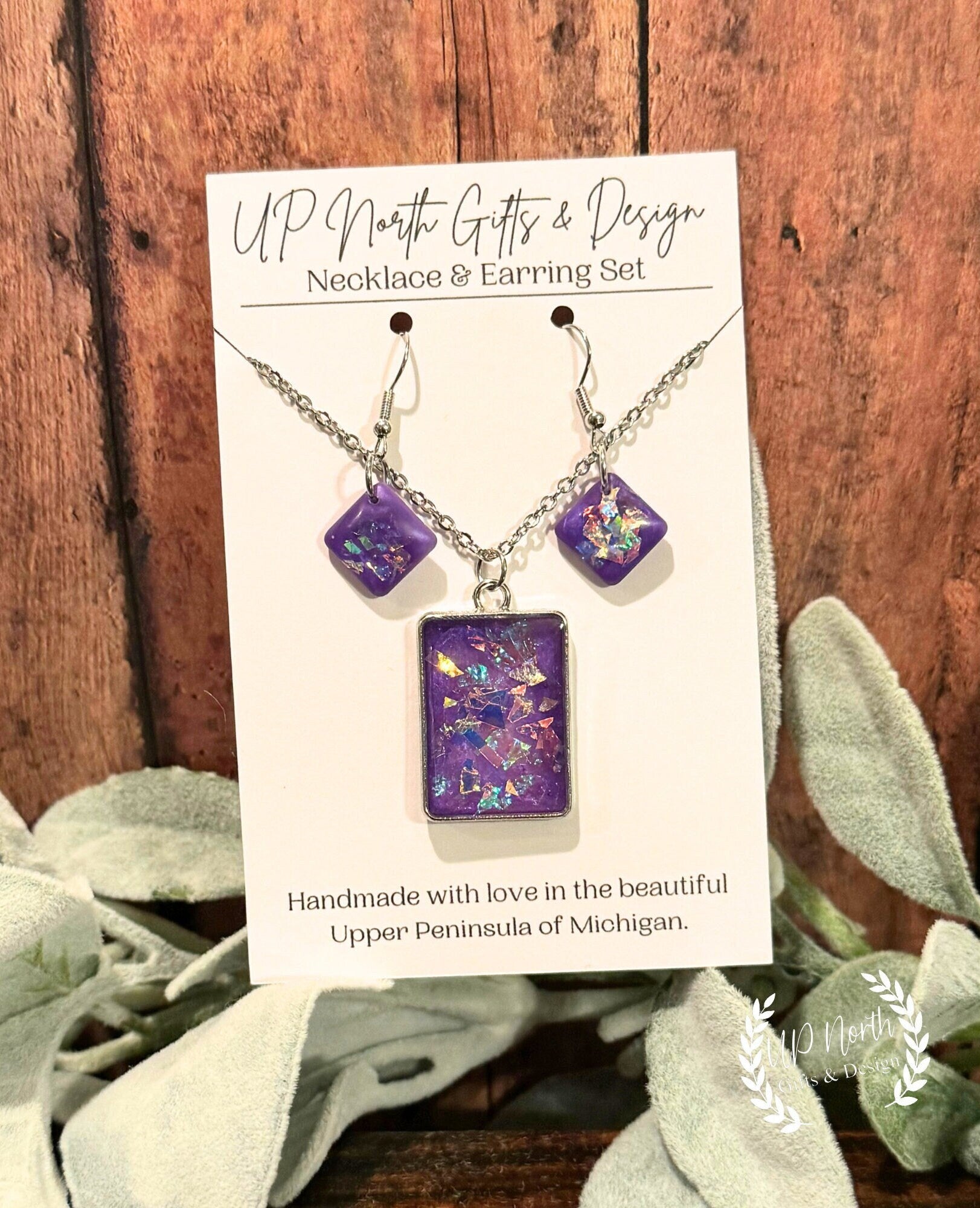 Purple resin Glitter Necklace and Earring Jewelry Set, Purple Necklace, Purple Jewelry Set, Purple Jewelry, Gift for Her