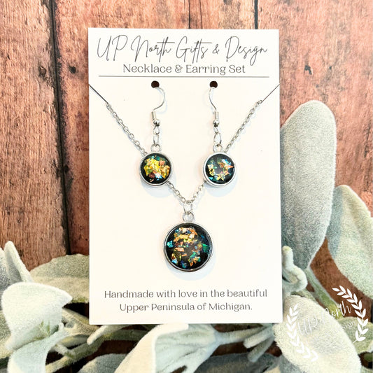 Black resin Glitter Necklace and Earring Jewelry Set, Black Necklace, Black Jewelry Set, Black Jewelry, Gift for Her, Party Jewelr