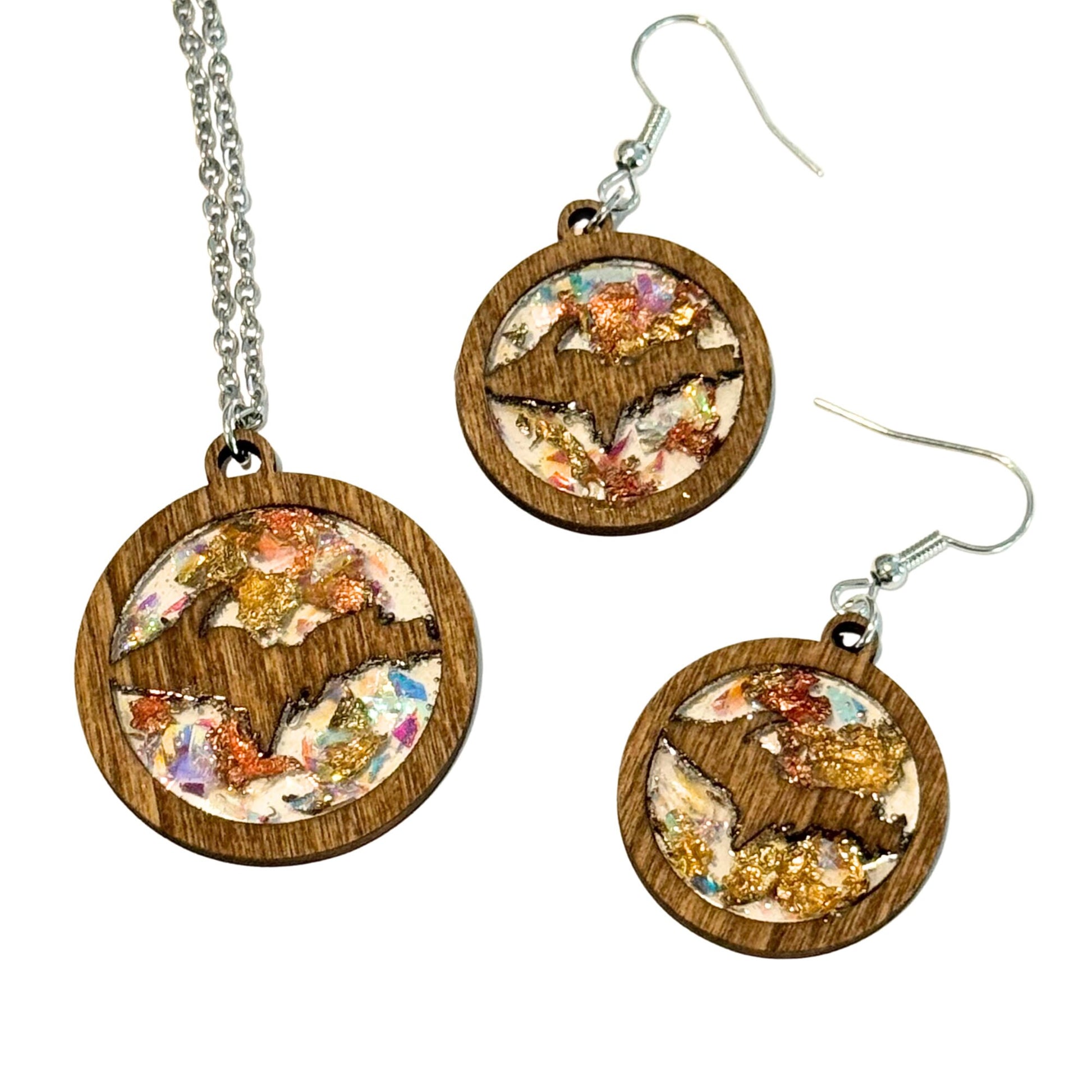 Upper Michigan Yooper Wood and Resin Necklace and Earring set with copper and gold flakes, jewelry sets, wood jewelry, resin jewelry.