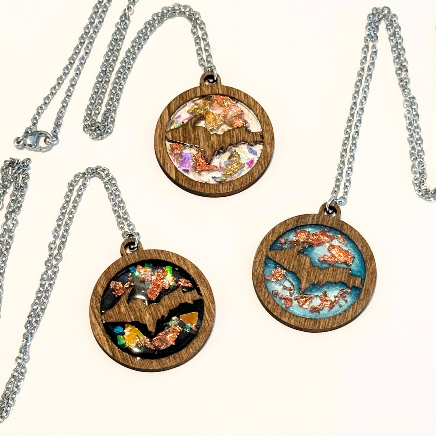 Upper Michigan Yooper Wood and Resin Necklace and Earring set with copper and gold flakes, jewelry sets, wood jewelry, resin jewelry.