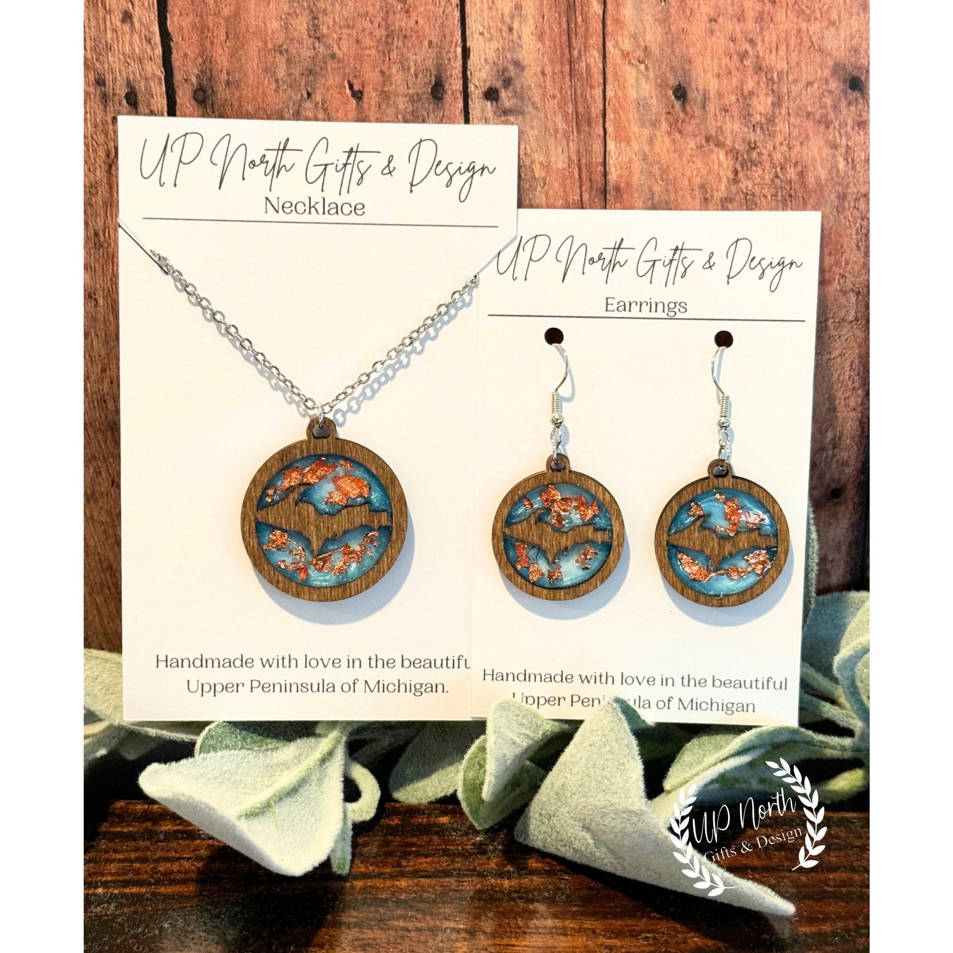 Upper Michigan Yooper Wood and Resin Necklace and Earring set with copper and gold flakes, jewelry sets, wood jewelry, resin jewelry.