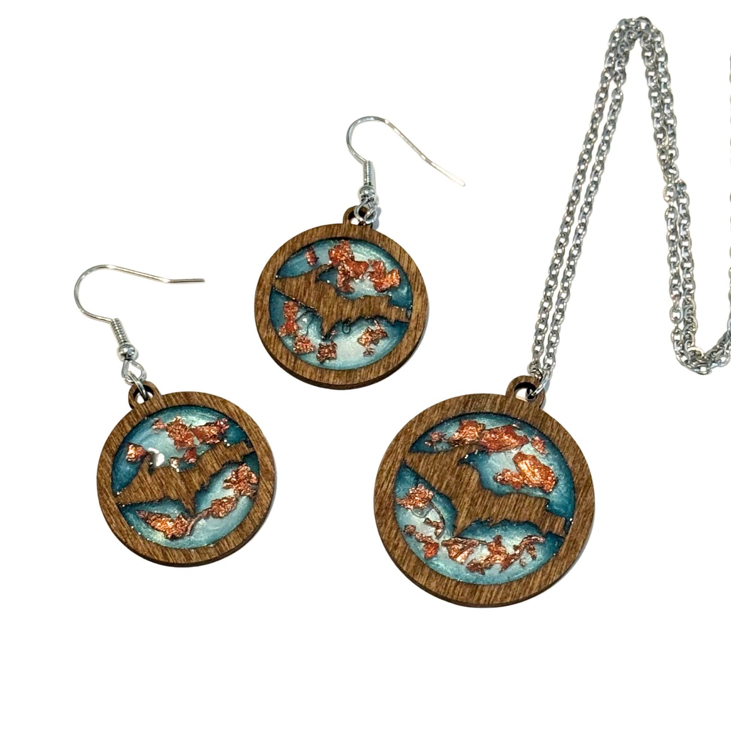 Upper Michigan Yooper Wood and Resin Necklace and Earring set with copper and gold flakes, jewelry sets, wood jewelry, resin jewelry.