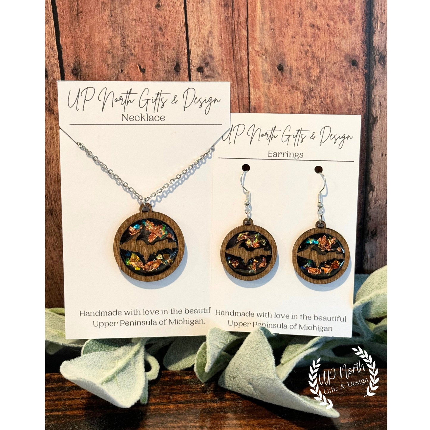 Upper Michigan Yooper Wood and Resin Necklace and Earring set with copper and gold flakes, jewelry sets, wood jewelry, resin jewelry.