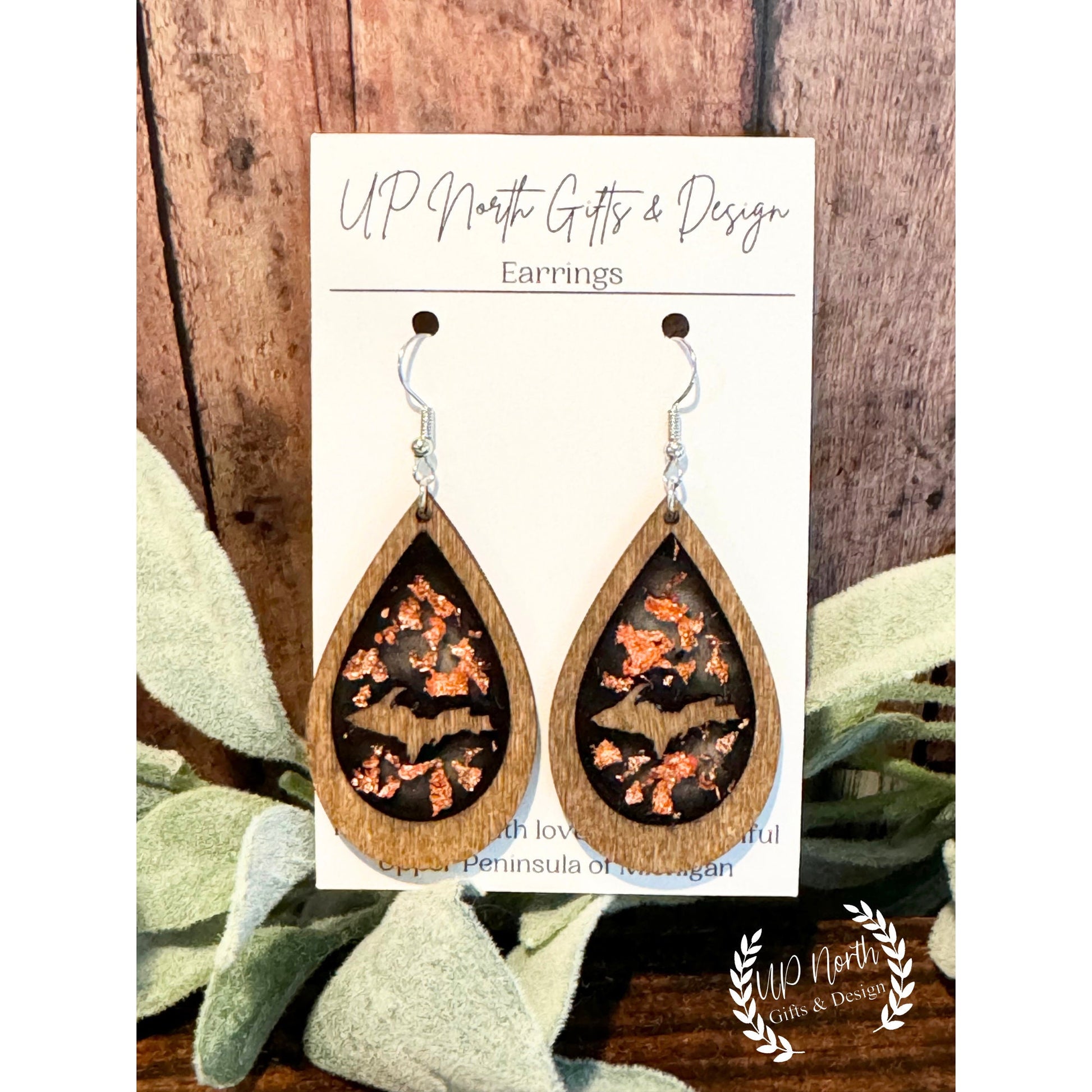 Upper Peninsula Copper Flake and Wood Teardrop Earring with Wood U.P Cutout on Stainless Steel Earring Hooks