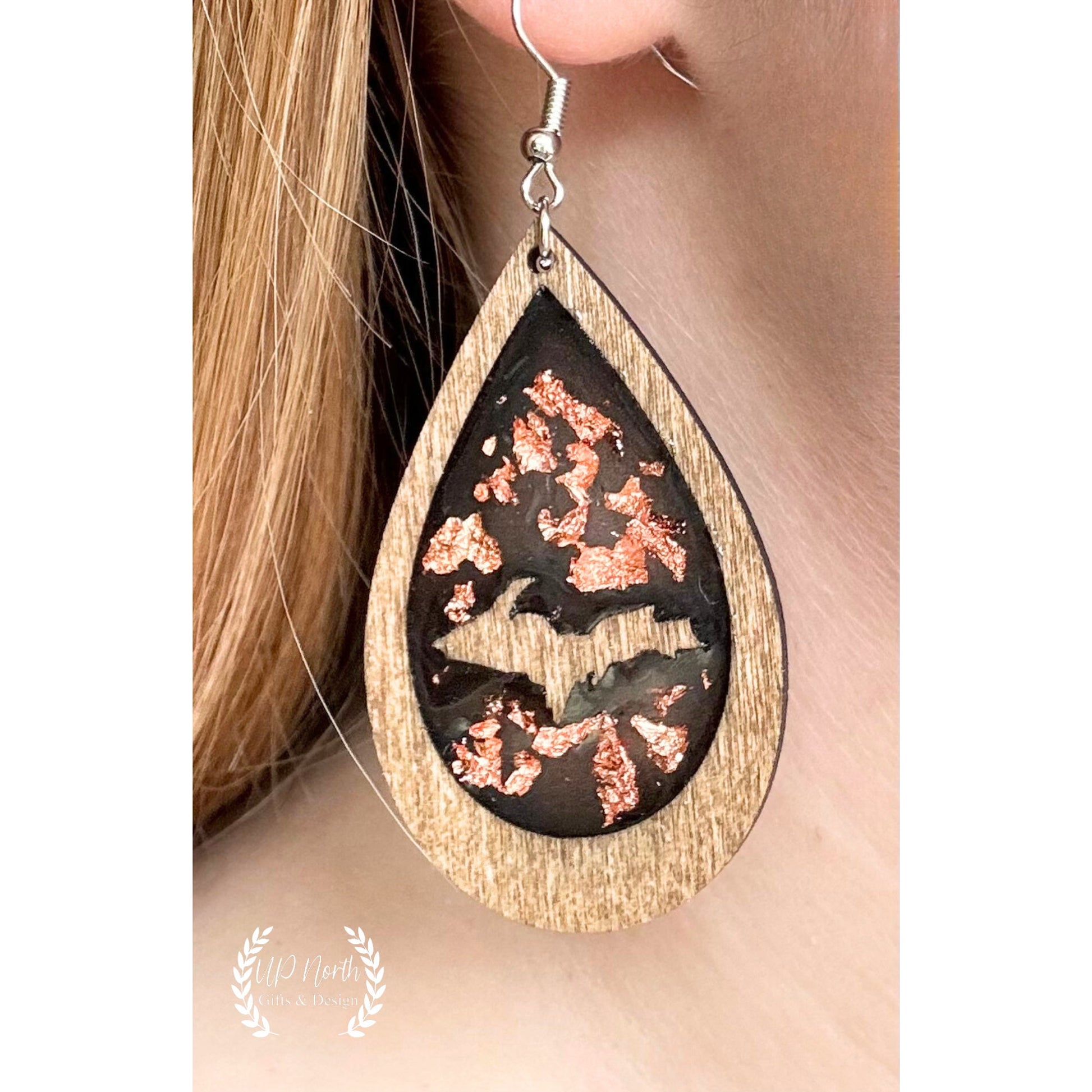 Upper Peninsula Copper Flake and Wood Teardrop Earring with Wood U.P Cutout on Stainless Steel Earring Hooks