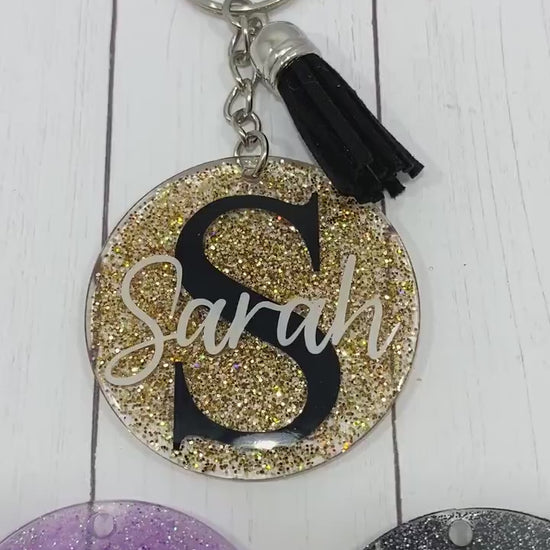 Custom Resin Glitter Monogram Name Keychain With Tassel, Backpack Tag, Name Tag, Lanyard Tag, Personalized,Customizable,Gift,Bridesmaid Gift