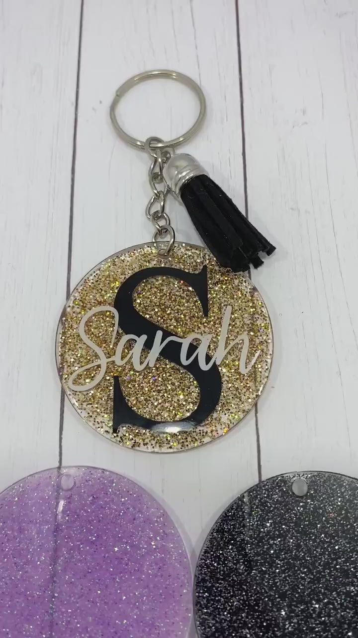 Custom Resin Glitter Monogram Name Keychain With Tassel, Backpack Tag, Name Tag, Lanyard Tag, Personalized,Customizable,Gift,Bridesmaid Gift